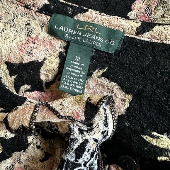 Ralph Lauren Gauzy Lace Long Sleeve Black Top Goth Ruffle Vampire Stretchy XL - Picture 2 of 7